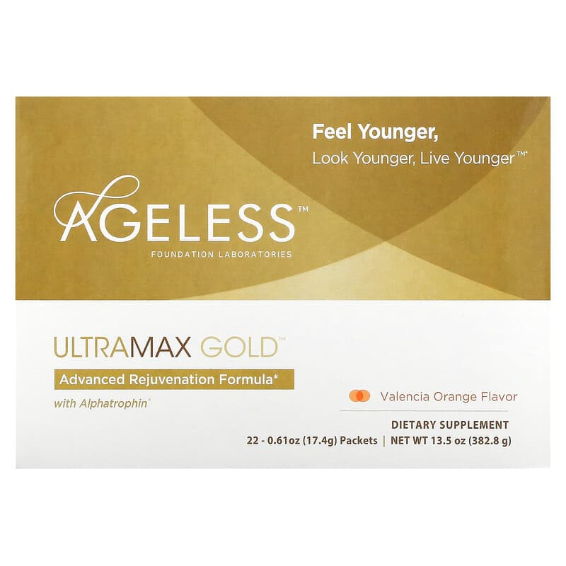 Ageless Foundation Laboratories UltraMax Gold Advanced Rejuvenation Formula with Alphatrophin Valencia Orange 22 Packets 0.61 oz (17.4 g) Each 1 Ageless Foundation Laboratories UltraMax Gold Advanced Rejuvenation Formula with Alphatrophin Valencia Orange 22 Packets 0.61 oz (17.4 g) Each 691546001103