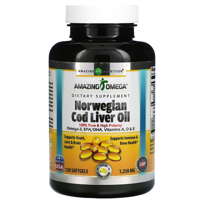 Amazing Nutrition Norwegian Cod Liver Oil Lemon 1.250 mg 120 Softgels 1 Amazing Nutrition Norwegian Cod Liver Oil Lemon 1.250 mg 120 Softgels 810180029377