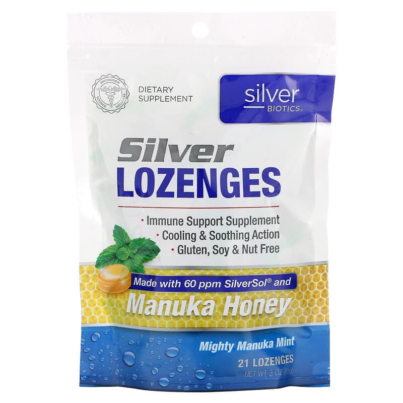 American Biotech Labs Silver Biotics Silver Lozenges 60 PPM SilverSol Mighty Manuka Mint 21 Lozenges 1 American Biotech Labs Silver Biotics Mighty Manuka Mint 21 Lozenges 3 oz (85 g) 831060004901
