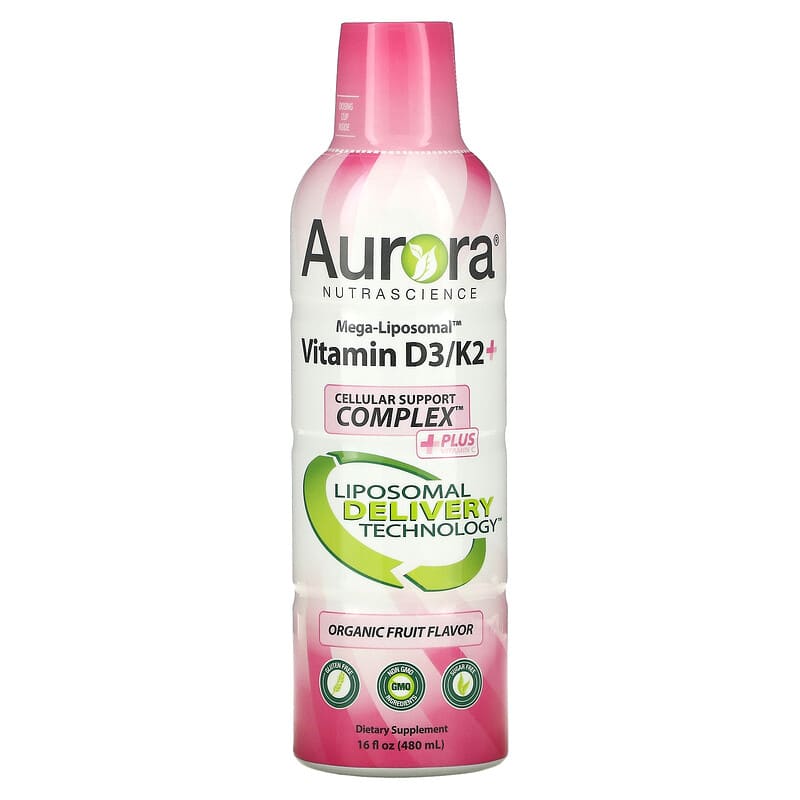 Aurora Nutrascience Mega-Liposomal Vitamin D3+ Organic Fruit Flavor 9,000 IU 16 oz (480 ml) 1 Aurora Nutrascience Mega-Liposomal Vitamin D3/K2+ Organic Fruit 16 fl oz (480 ml) 628504648056