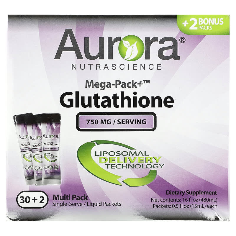 Aurora Nutrascience Mega-Pack+ Glutathione 750 mg 32 Packs 0.5 fl oz (15 ml) Each 1 Aurora Nutrascience Mega-Pack+ Glutathione 750 mg 32 Packs 0.5 fl oz (15 ml) Each 628504648186