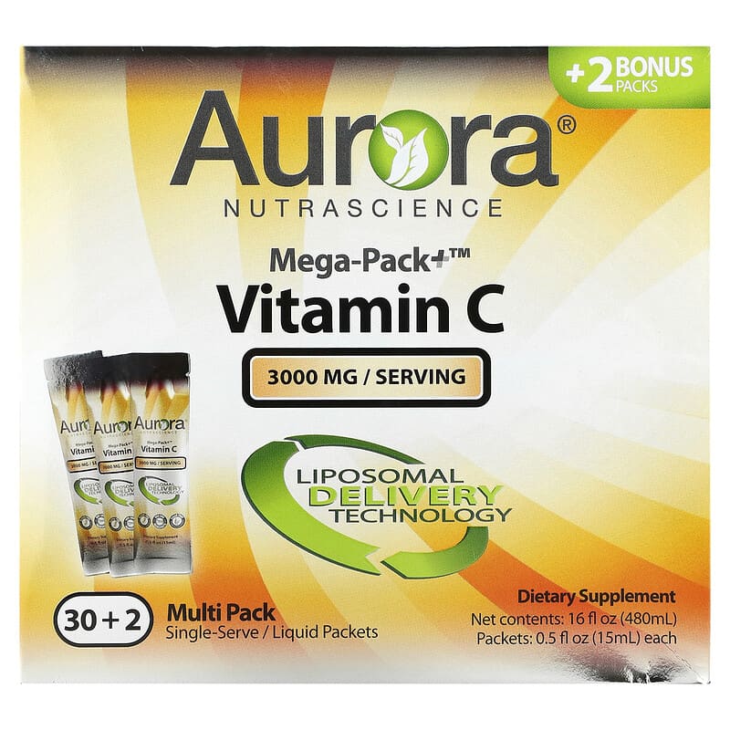 Aurora Nutrascience Mega-Pack+ Vitamin C 3.000 mg 32 Packs 0.5 fl oz (15 ml) Each 1 Aurora Nutrascience Mega-Pack+ Vitamin C 3.000 mg 32 Packs 0.5 fl oz (15 ml) Each 628504648179