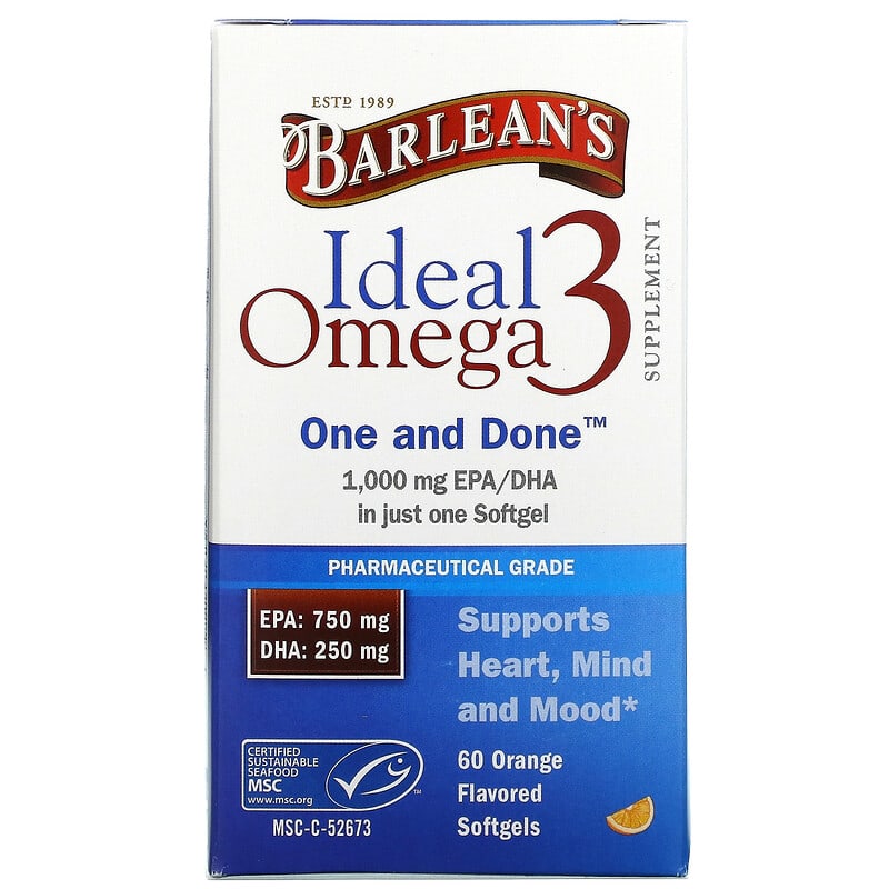 Barlean's Ideal Omega 3 Orange 1,000 mg EPA/DHA 60 Softgels 1 Barlean's Ideal Omega 3 Orange 1.000 mg EPA/DHA 60 Softgels 705875610193