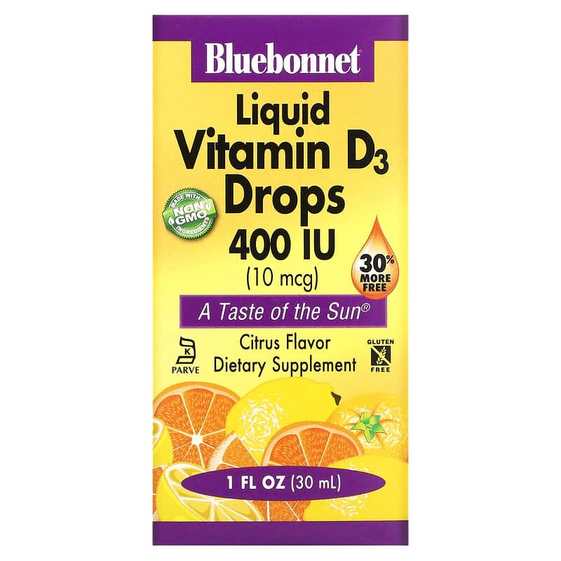 Bluebonnet Nutrition Liquid Vitamin D3 Drops Natural Citrus Flavor 400 IU 1 oz (30 ml) 1 Bluebonnet Nutrition Liquid Vitamin D3 Drops Citrus 10 mcg (400 IU) 1 fl oz (30 ml) 743715003729