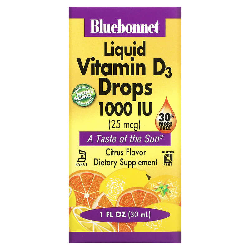 Bluebonnet Nutrition Liquid Vitamin D3 Drops Natural Citrus Flavor 1,000 IU 1 oz (30 ml) 1 Bluebonnet Nutrition Liquid Vitamin D3 Drops Citrus 25 mcg (1.000 IU) 1 fl oz (30 ml) 743715003743