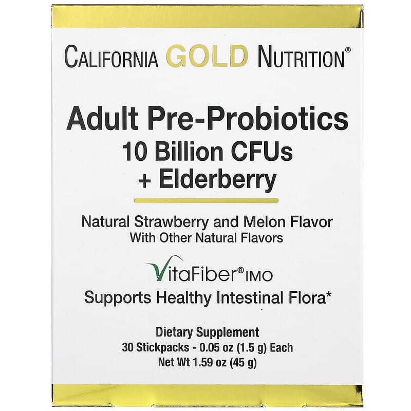 California Gold Nutrition Adult Pre-Probiotics 10 Billion CFU + Elderberry Natural Strawberry & Melon Flavor 30 Packets 0.05 oz (1.5 g) Each 1 California Gold Nutrition Adult Pre-Probiotics 10 Billion CFU + Elderberry Natural Strawberry & Melon Flavor 30 Packets 0.05 oz (1.5 g) Each 898220018543