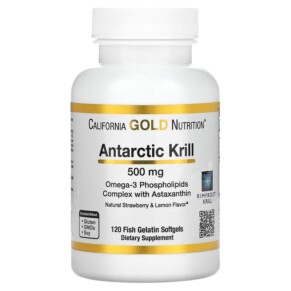 California Gold Nutrition Antarctic Krill Oil Omega-3 Phospholipids Complex with Astaxanthin Natural Strawberry and Lemon Flavor 500 mg 120 Fish Gelatin Softgels 898220011018