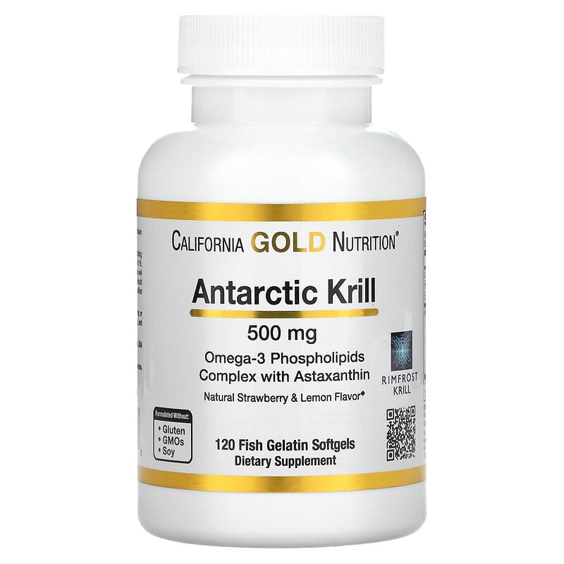 California Gold Nutrition Antarctic Krill Oil with Astaxanthin RIMFROST Natural Strawberry & Lemon Flavor 500 mg 120 Fish Gelatin Softgels 1 California Gold Nutrition Antarctic Krill Oil Omega-3 Phospholipids Complex with Astaxanthin Natural Strawberry and Lemon Flavor 500 mg 120 Fish Gelatin Softgels 898220011018