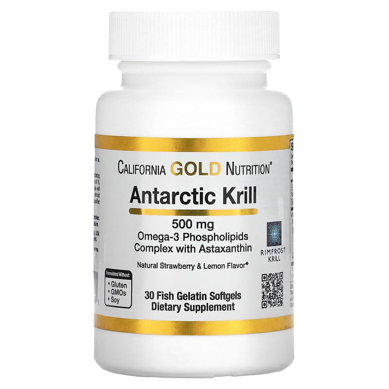 California Gold Nutrition Antarctic Krill Oil with Astaxanthin RIMFROST Natural Strawberry & Lemon Flavor 500 mg 30 Fish Gelatin Softgels 1 California Gold Nutrition Antarctic Krill Oil Omega-3 Phospholipids Complex with Astaxanthin Natural Strawberry and Lemon Flavor 500 mg 30 Fish Gelatin Softgels 898220011001