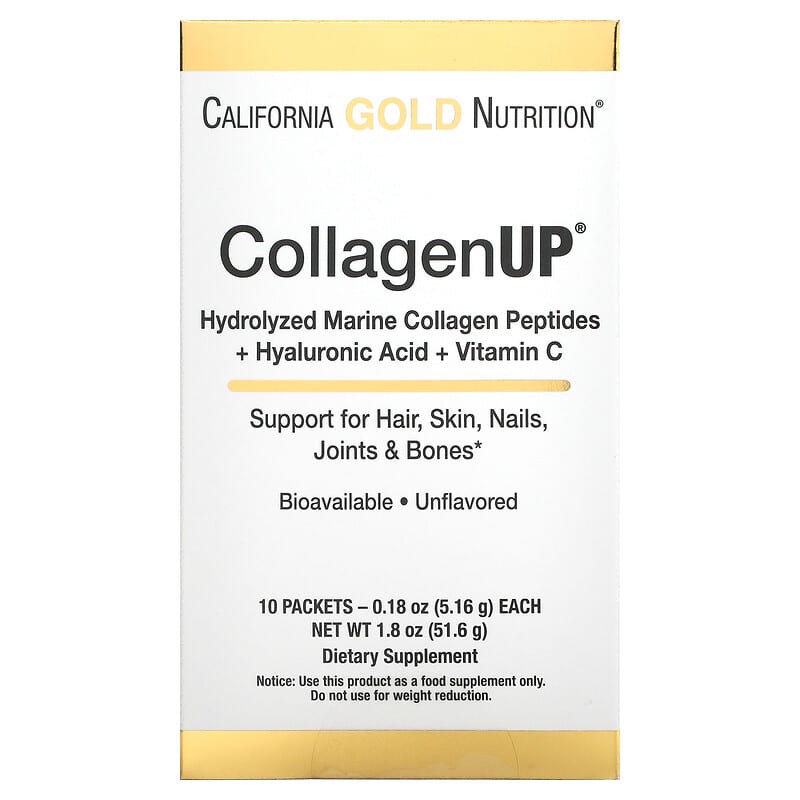 California Gold Nutrition CollagenUP Hydrolyzed Marine Collagen Peptides with Hyaluronic Acid and Vitamin C Unflavored 10 Packets 0.18 oz (5.16 g) Each 1 California Gold Nutrition CollagenUP Hydrolyzed Marine Collagen Peptides with Hyaluronic Acid and Vitamin C Unflavored 10 Packets 0.18 oz (5.16 g) Each 898220013449