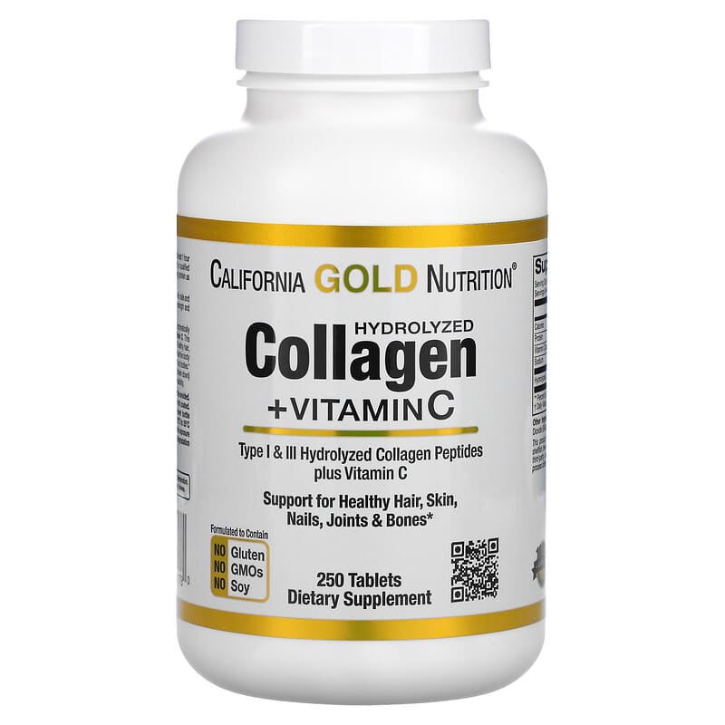 California Gold Nutrition Hydrolyzed Collagen Peptides + Vitamin C Type I & III 250 Tablets 1 California Gold Nutrition Hydrolyzed Collagen Peptides + Vitamin C Type I & III 250 Tablets 898220011780