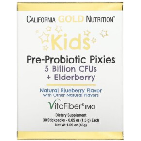California Gold Nutrition Kids Pre-Probiotic Pixies 5 Billion CFUs + Elderberry Natural Blueberry Flavor 30 Packets 0.05 oz (1.5 g) Each 898220018536