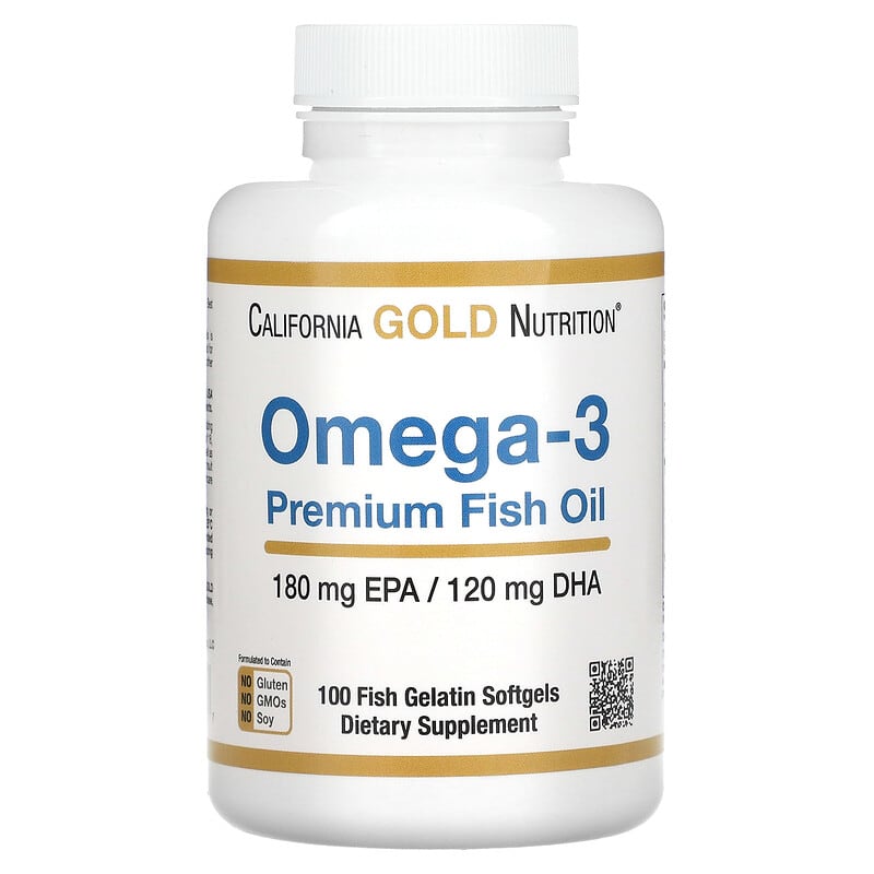 California Gold Nutrition Omega-3 Premium Fish Oil 100 Fish Gelatin Softgels 1 California Gold Nutrition Omega-3 Premium Fish Oil 180 EPA / 120 DHA 100 Fish Gelatin Softgels 898220009527