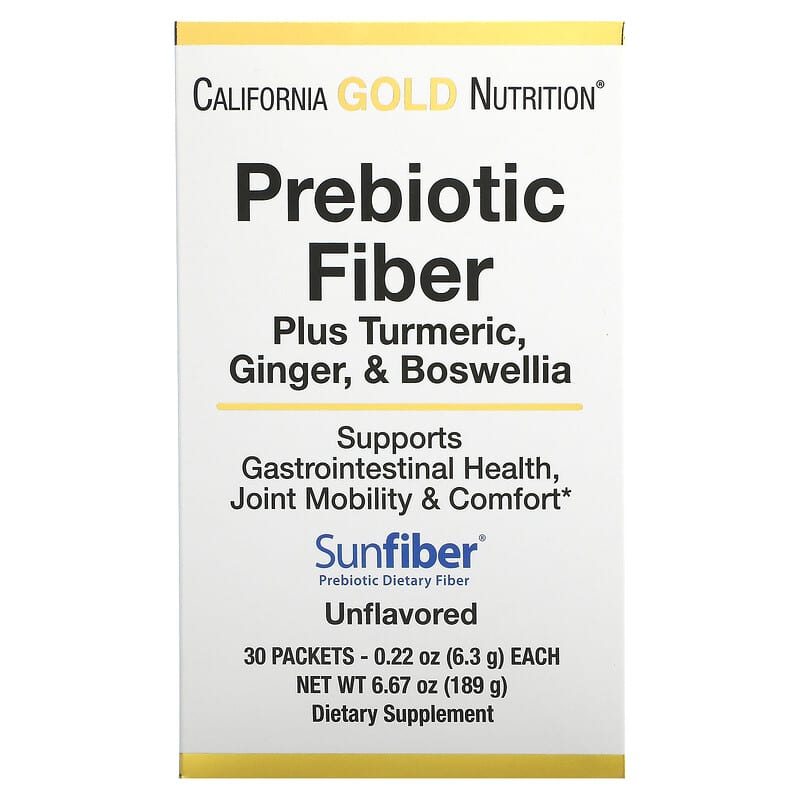 California Gold Nutrition Prebiotic Fiber Plus Turmeric Ginger & Boswellia 30 Packets 0.22 oz (6.3 g) Each 1 California Gold Nutrition Prebiotic Fiber Plus Turmeric Ginger & Boswellia 30 Packets 0.22 oz (6.3 g) Each 898220020133