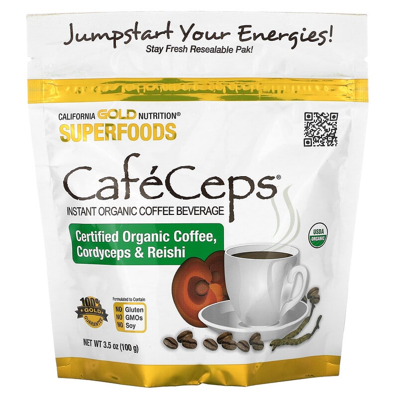 California Gold Nutrition CafeCeps Certified Organic Instant Coffee with Cordyceps and Reishi Mushroom Powder 3.5 oz (100 g) 1 California Gold Nutrition SUPERFOODS - CafeCeps Certified Organic Instant Coffee with Cordyceps and Reishi Mushroom Powder 3.5 oz (100 g) 898220013463