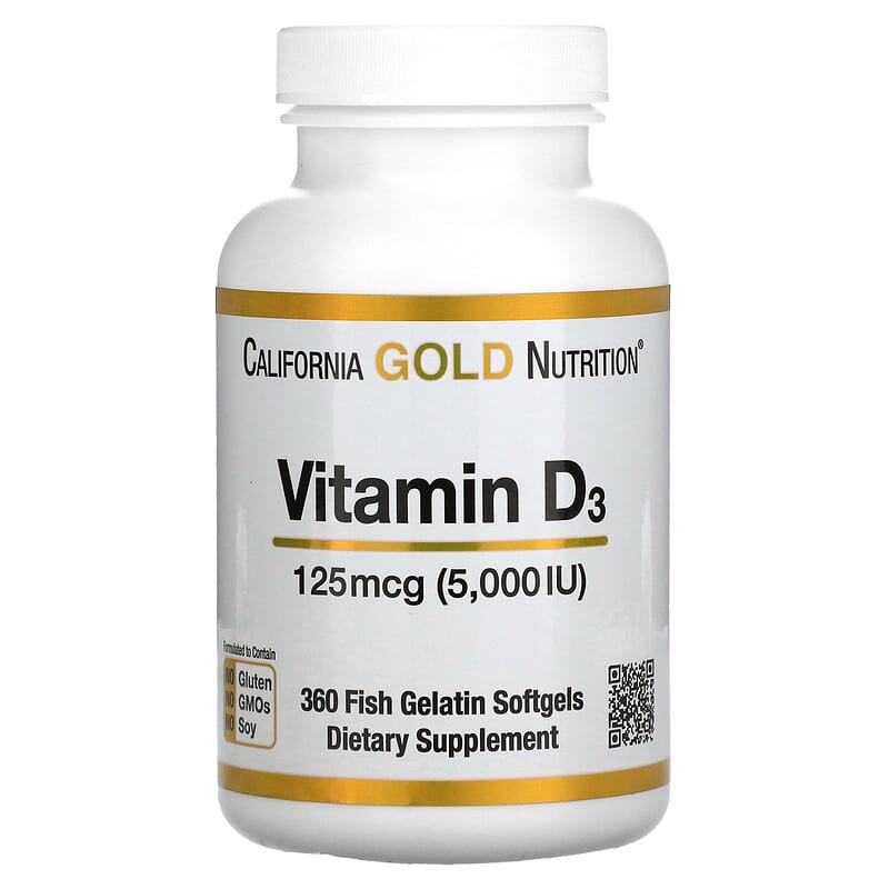 California Gold Nutrition Vitamin D3 125 mcg (5,000 IU) 360 Fish Gelatin Softgels 1 California Gold Nutrition Vitamin D3 125 mcg (5.000 IU) 360 Fish Gelatin Softgels 898220010660