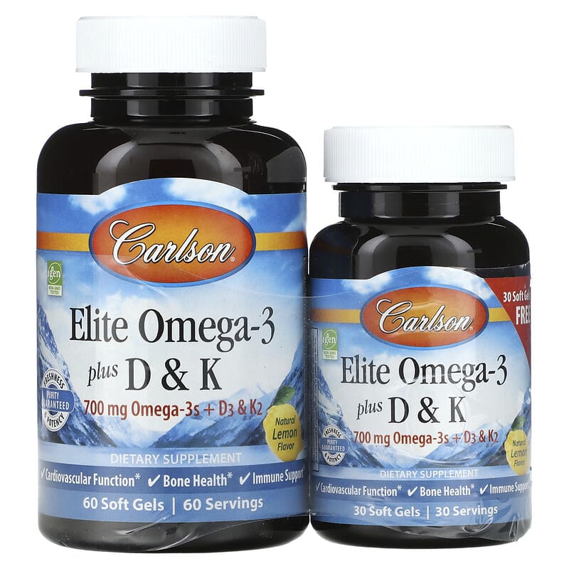Carlson Labs Elite Omega-3 Plus D & K Natural Lemon Flavor 60 + 30 Free Soft Gels 1 Carlson Elite Omega-3 Plus D & K Natural Lemon Flavor 60 + 30 Free Soft Gels 088395175404
