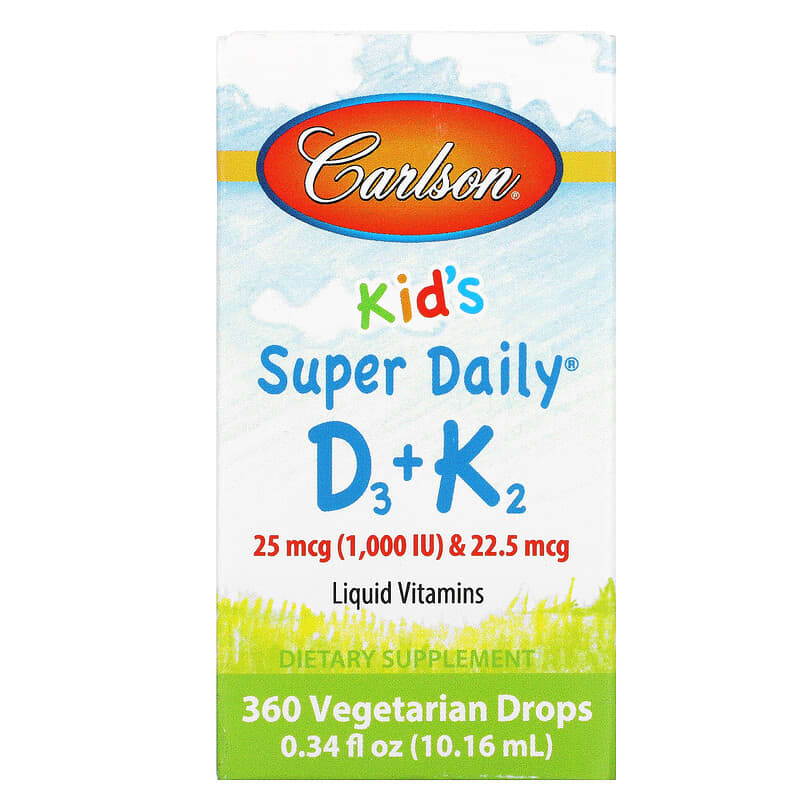 Carlson Kid's Super Daily D3+K2 25 mcg (1.000 IU) & 22.5 mcg 0.34 fl oz (10.16 ml) 1 Carlson Kid's Super Daily D3+K2 25 mcg (1.000 IU) & 22.5 mcg 0.34 fl oz (10.16 ml) 088395105302