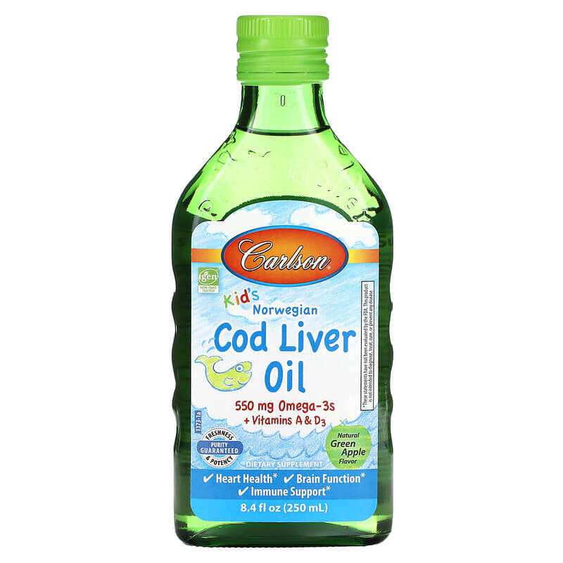 Carlson Kids Cod Liver Oil Natural Green Apple 550 mg 8.4 fl oz (250 ml) 1 Carlson Kids Cod Liver Oil Natural Green Apple 550 mg 8.4 fl oz (250 ml) 088395137303