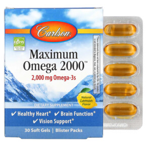 Carlson Maximum Omega 2000 Natural Lemon Flavor 1.000 mg 30 Softgels 088395600203