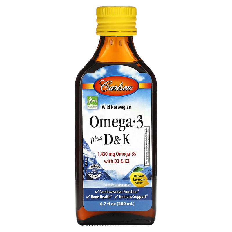 Carlson Omega 3 Plus D & K Natural Lemon 1.430 mg 6.7 fl oz (200 ml) 1 Carlson Omega 3 Plus D & K Natural Lemon 1.430 mg 6.7 fl oz (200 ml) 088395195006