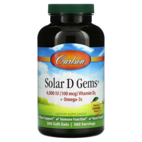 Carlson Solar D Gems Natural Lemon 100 mg (4.000 IU) 360 Soft Gels 088395014833