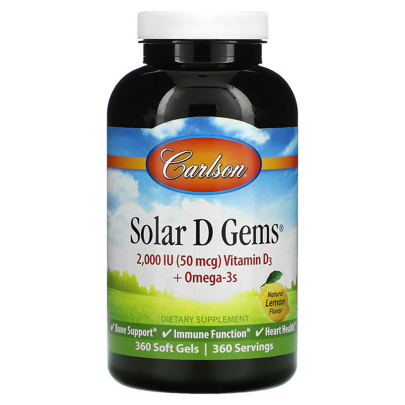 Carlson Labs Solar D Gems Vitamin D3 + Omega-3s Natural Lemon Flavor 50 mcg (2,000 IU) 360 Soft Gels 1 Carlson Solar D Gems Vitamin D3 + Omega-3s Natural Lemon 360 Soft Gels 088395014734