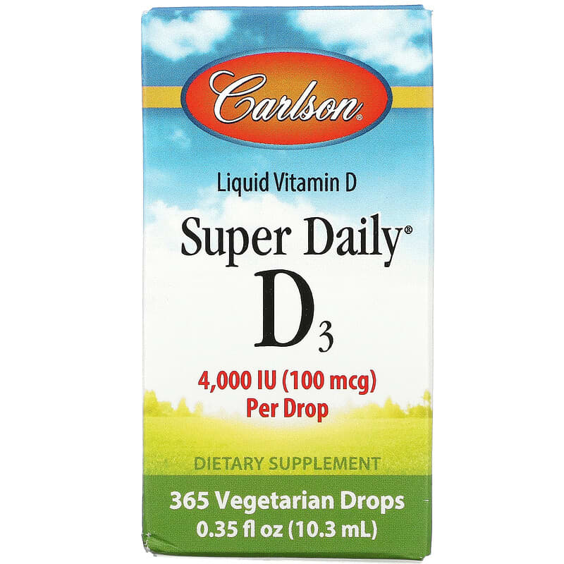 Carlson Labs Super Daily D3 100 mcg (4,000 IU) 0.35 oz (10.3 ml) 1 Carlson Super Daily D3 100 mcg (4.000 IU) 0.35 fl oz (10.3 ml) 088395012907