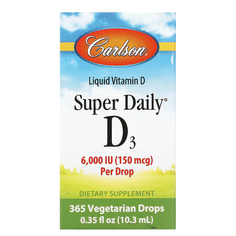 Carlson Labs Super Daily D3 150 mcg (6,000 IU) 0.35 oz (10.3 ml) 1 Carlson Super Daily D3 150 mcg (6.000 IU) 0.35 fl oz (10.3 ml) 088395120008