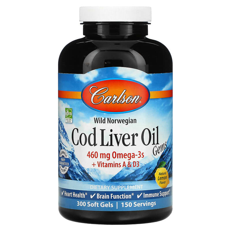 Carlson Labs Wild Norwegian Cod Liver Oil Gems Natural Lemon Flavor 230 mg 300 Soft Gels 1 Carlson Wild Norwegian Cod Liver Oil Gems Natural Lemon 230 mg 300 Soft Gels 088395013836
