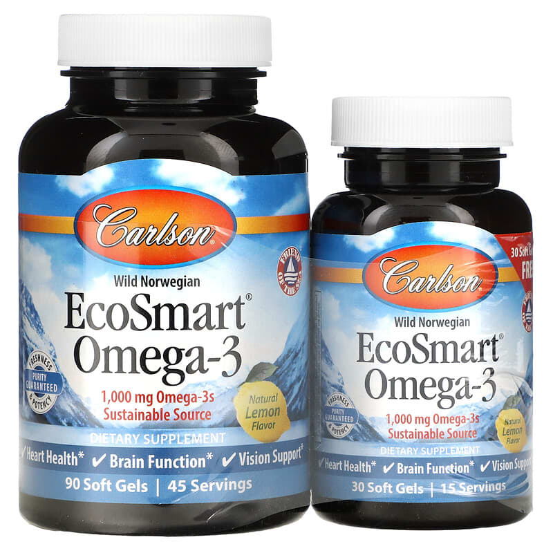Carlson Labs EcoSmart Omega-3 Natural Lemon Flavor 1,000 mg 90 + 30 Soft Gels 1 Carlson Wild Norwegian EcoSmart Omega-3 Natural Lemon 500 mg 90 + 30 Soft Gels 088395018046