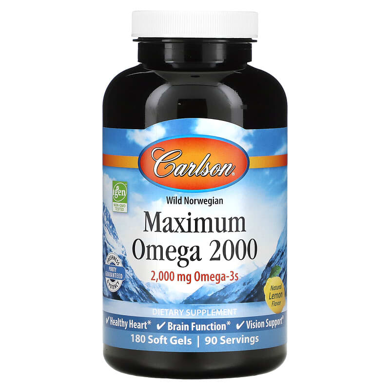 Carlson Labs Maximum Omega 2000 Natural Lemon 1,000 mg 180 Soft Gels 1 Carlson Wild Norwegian Maximum Omega 2000 Natural Lemon 1.000 mg 180 Soft Gels 088395172205