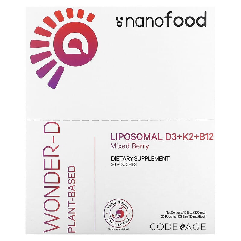 Codeage Nanofood Liposomal D3+K2+B12 Mixed Berry 30 Pouches 0.3 fl oz (10 ml) Each 1 Codeage Nanofood Liposomal D3+K2+B12 Mixed Berry 30 Pouches 0.3 fl oz (10 ml) Each 850026121711