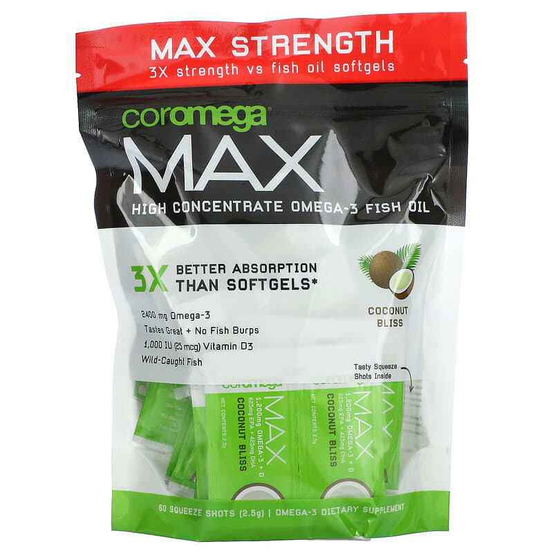 Coromega Max High Concentrate Omega-3 Fish Oil Coconut Bliss 60 Squeeze Shots 2.5 g Each 1 Coromega Max High Concentrate Omega-3 Fish Oil Coconut Bliss 1.200 mg 60 Squeeze Shots 2.5 g Each 689269455273