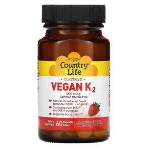 Country Life Certified Vegan K2 Strawberry 500 mcg 60 Chewable Tablets 015794080152
