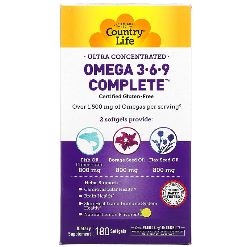 Country Life Omega 3-6-9 Complete Ultra Concentrated Natural Lemon 180 Softgels 1 Country Life Omega 3-6-9 Complete Ultra Concentrated Natural Lemon 180 Softgels 015794041023