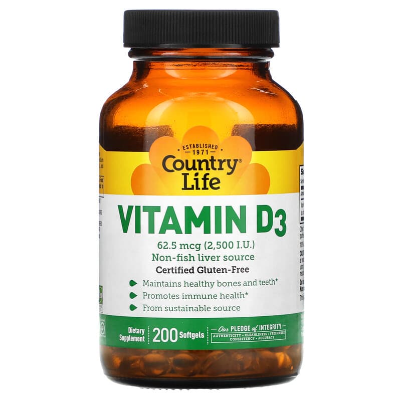 Country Life Vitamin D3 62.5 mcg (2,500 I.U.) 200 Softgels 1 Country Life Vitamin D3 62.5 mcg (2.500 I.U.) 200 Softgels 015794058052