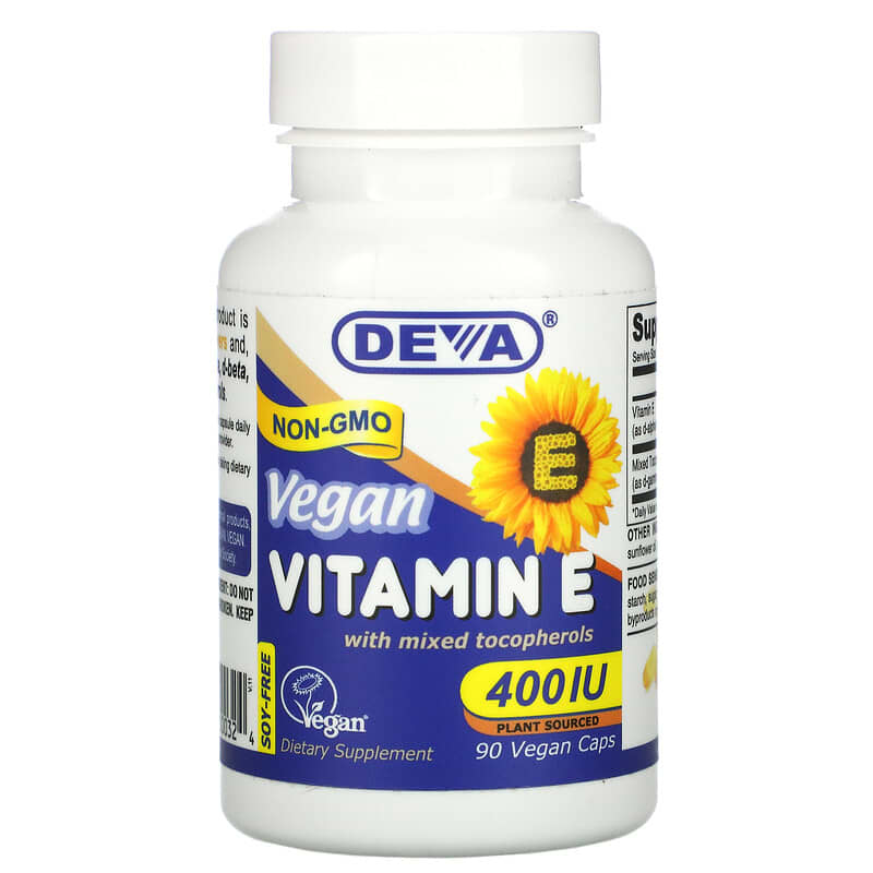 Deva Vegan Vitamin E with Mixed Tocopherols 400 IU 90 Vegan Caps 1 Deva Vegan Vitamin E with Mixed Tocopherols Soy-Free 400 IU 90 Vegan Caps 895634000324