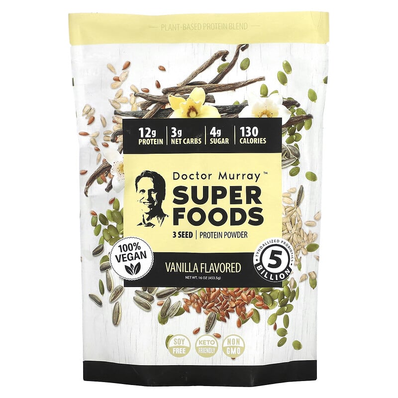 Dr. Murray's Super Foods 3 Seed (Pumpkin Flax Sunflower) Vegan Protein Powder Vanilla 16 oz (453.5 g) 1 Dr. Murray's Super Foods 3 Seed (Pumpkin Flax Sunflower) Vegan Protein Powder Vanilla 16 oz (453.5 g) 850010353197