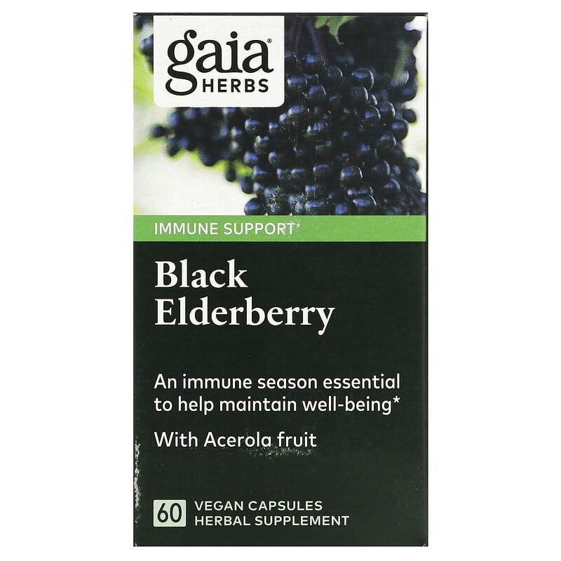 Gaia Herbs Black Elderberry with Acerola Fruit 60 Vegan Capsules 1 Gaia Herbs Black Elderberry with Acerola Fruit 60 Vegan Capsules 751063400602