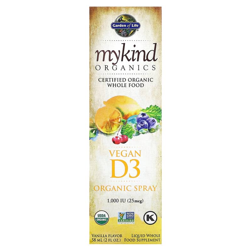 Garden of Life MyKind Organics Vegan D3 Organic Spray Vanilla 25 mcg (1,000 IU) 2 oz (58 ml) 1 Garden of Life MyKind Organics Vegan D3 Organic Spray Vanilla 25 mcg (1.000 IU) 2 fl oz (58 ml) 658010117814