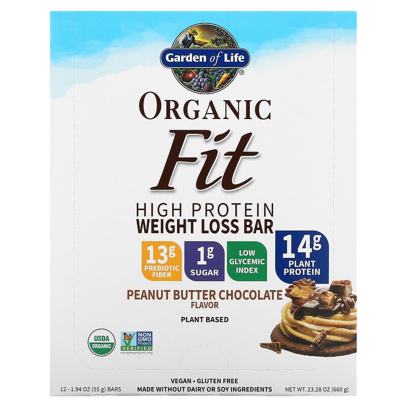 Garden of Life Organic Fit High Protein Weight Loss Bar Peanut Butter Chocolate 12 Bars 1.94 oz (55 g) Each 1 Garden of Life Organic Fit High Protein Weight Loss Bar Peanut Butter Chocolate 12 Bars 1.94 oz (55 g) Each 658010119153