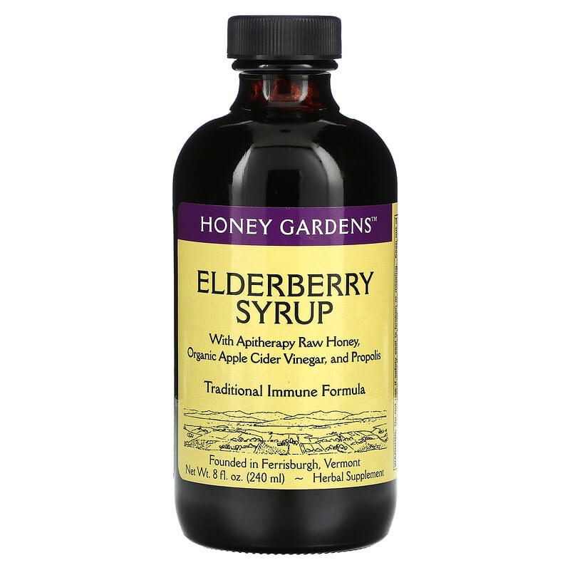 Honey Gardens Elderberry Syrup with Apitherapy Raw Honey Organic Apple Cider Vinegar and Propolis 8 fl oz (240 ml) 1 Honey Gardens Elderberry Syrup with Apitherapy Raw Honey Organic Apple Cider Vinegar and Propolis 8 fl oz (240 ml) 022318000329