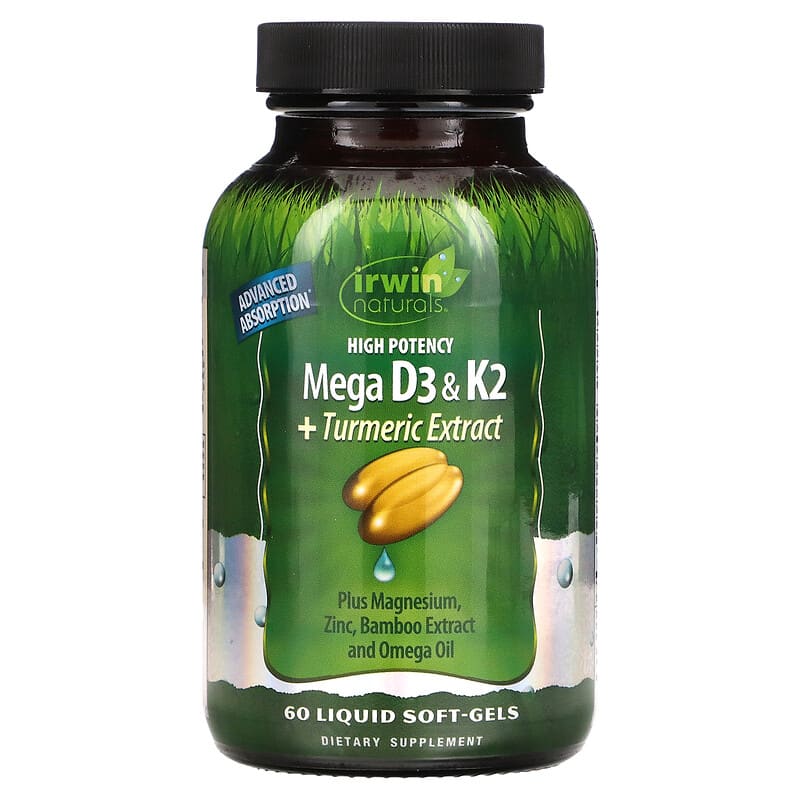 Irwin Naturals High Potency D3 & K2 Complex 60 Liquid Soft-Gels 1 Irwin Naturals High Potency Mega D3 & K2 + Turmeric Extract 60 Liquid Soft-Gels 710363592011