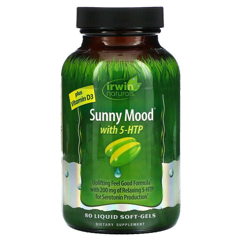 Irwin Naturals Sunny Mood with 5-HTP Plus Vitamin D3 80 Liquid Soft-Gels 1 Irwin Naturals Sunny Mood with 5-HTP Plus Vitamin D3 80 Liquid Soft-Gels 710363591403