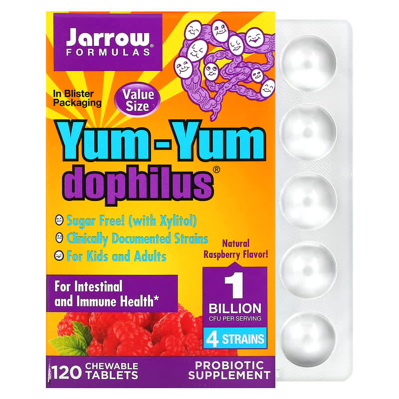 Jarrow Formulas Yum-Yum Dophilus Sugar-Free Natural Raspberry 120 Chewable Tablets 1 Jarrow Formulas Yum-Yum Dophilus Sugar-Free Natural Raspberry 120 Chewable Tablets 790011320050