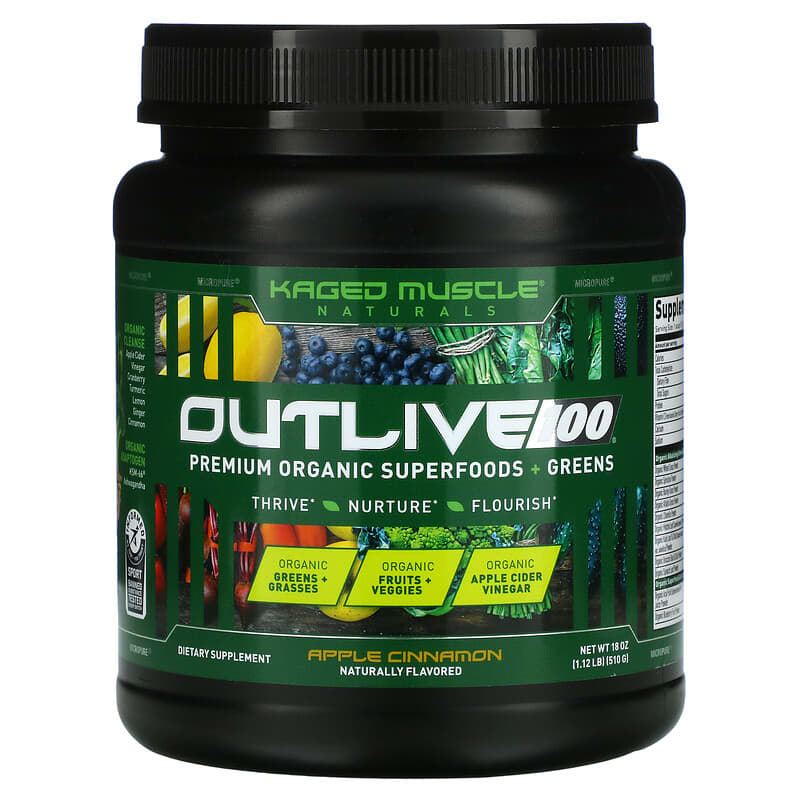 Kaged Muscle Outlive 100 Premium Organic Superfoods + Greens Apple Cinnamon 18 oz (510 g) 1 Kaged Outlive 100 Premium Organic Superfoods + Greens Apple Cinnamon 18 oz (510 g) 850015107276
