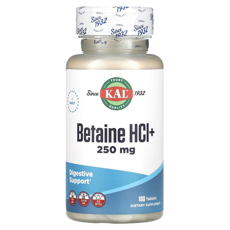KAL Betaine HCl+ 250 mg 100 Tablets 1 KAL Betaine HCl+ 250 mg 100 Tablets 021245102656