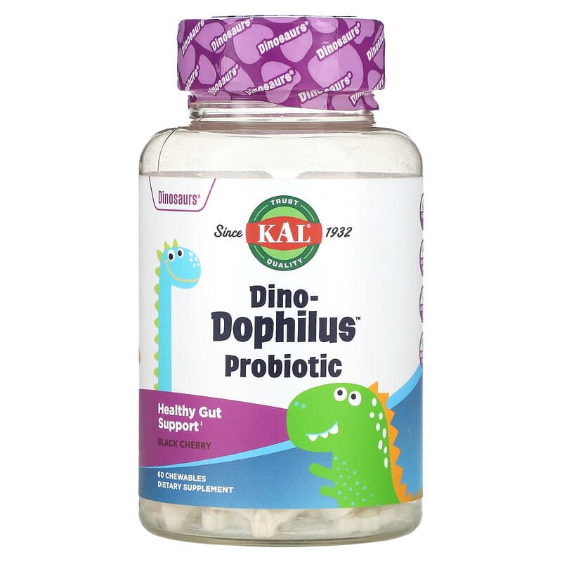 KAL Dinosaurs Dino-Dophilus Probiotic Black Cherry 60 Chewables 1 KAL Dinosaurs Dino-Dophilus Probiotic Black Cherry 60 Chewables 021245502005