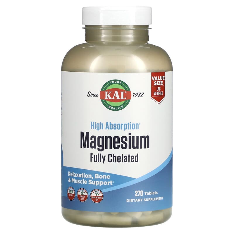 KAL High Absorption Magnesium Fully Chelated 270 Tablets 1 KAL High Absorption Magnesium Fully Chelated 270 Tablets 021245210689
